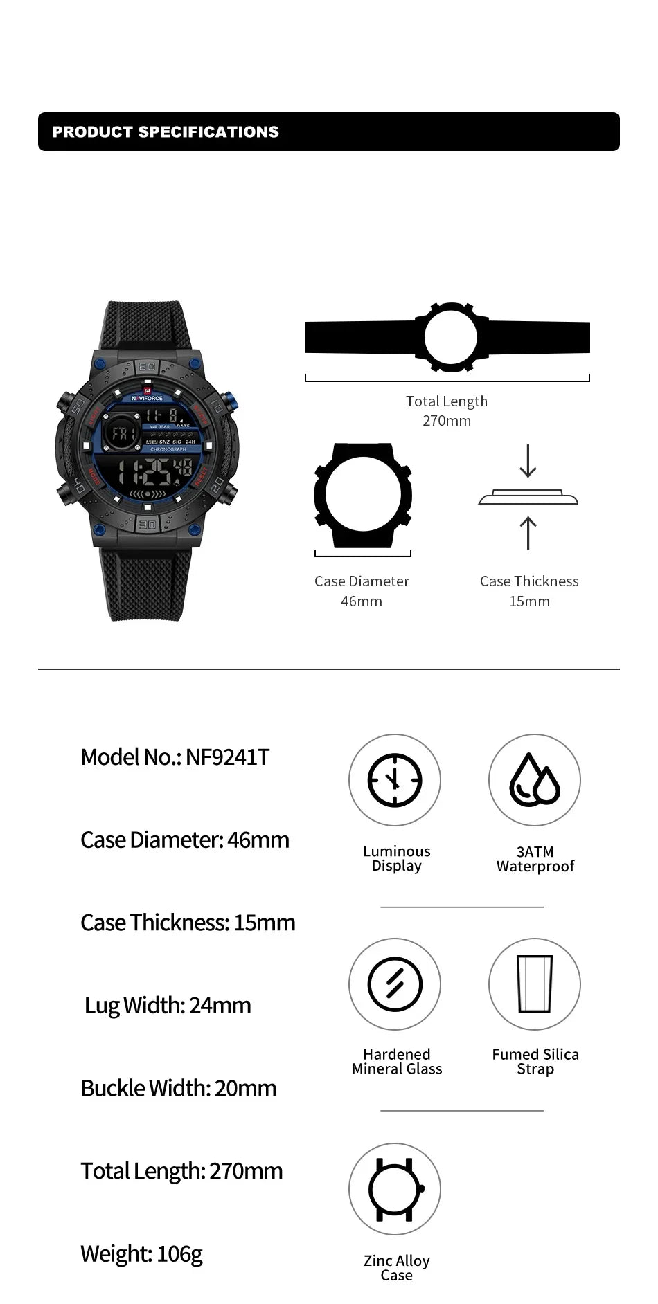 Reloj Naviforce NAVIFORCE NF9241T Reloj deportivo informal con pantalla luminosa, cronógrafo, reloj Digital resistente al agua